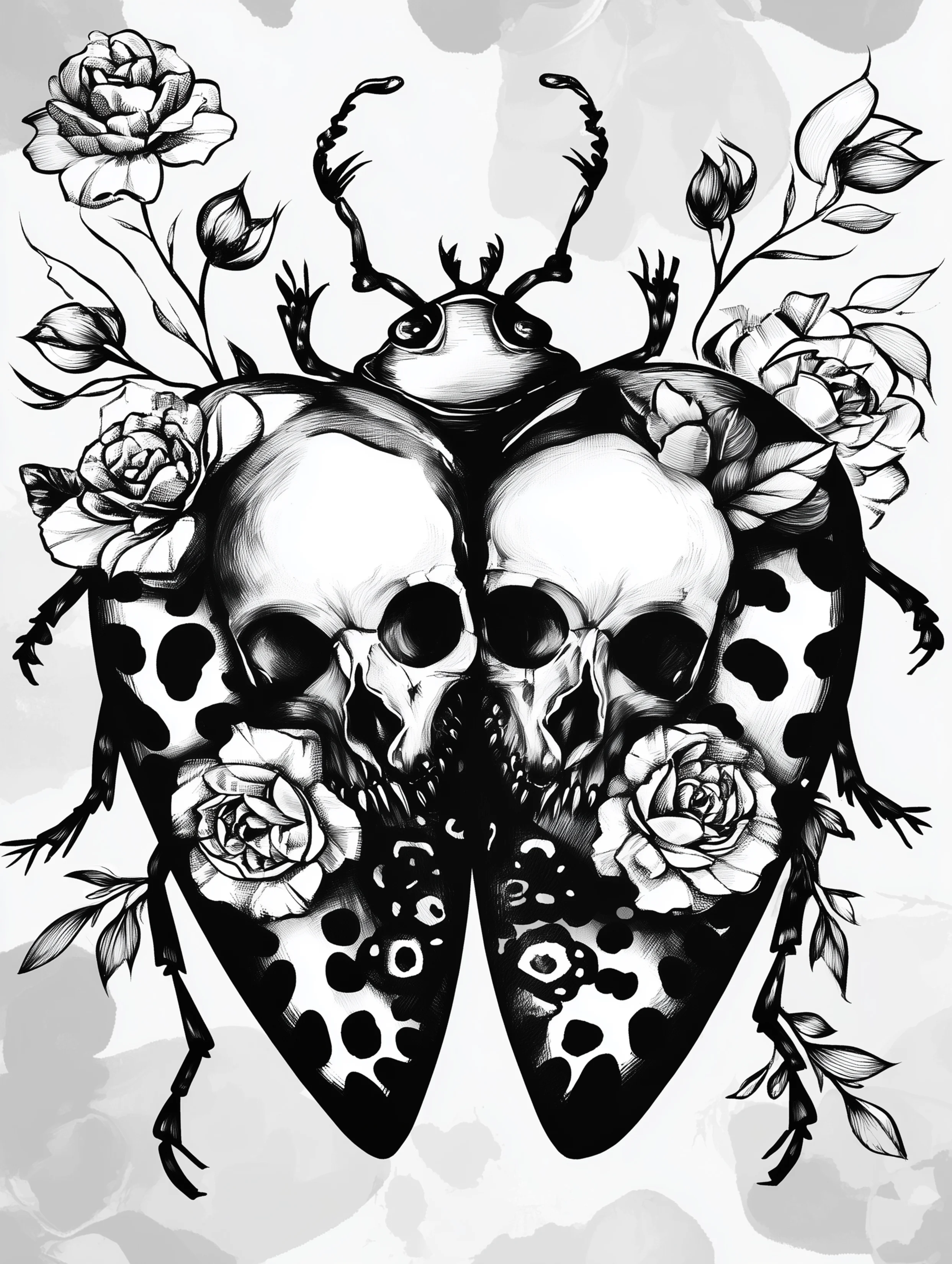 Free printable insect coloring page for adults featuring a split beetle design with skulls